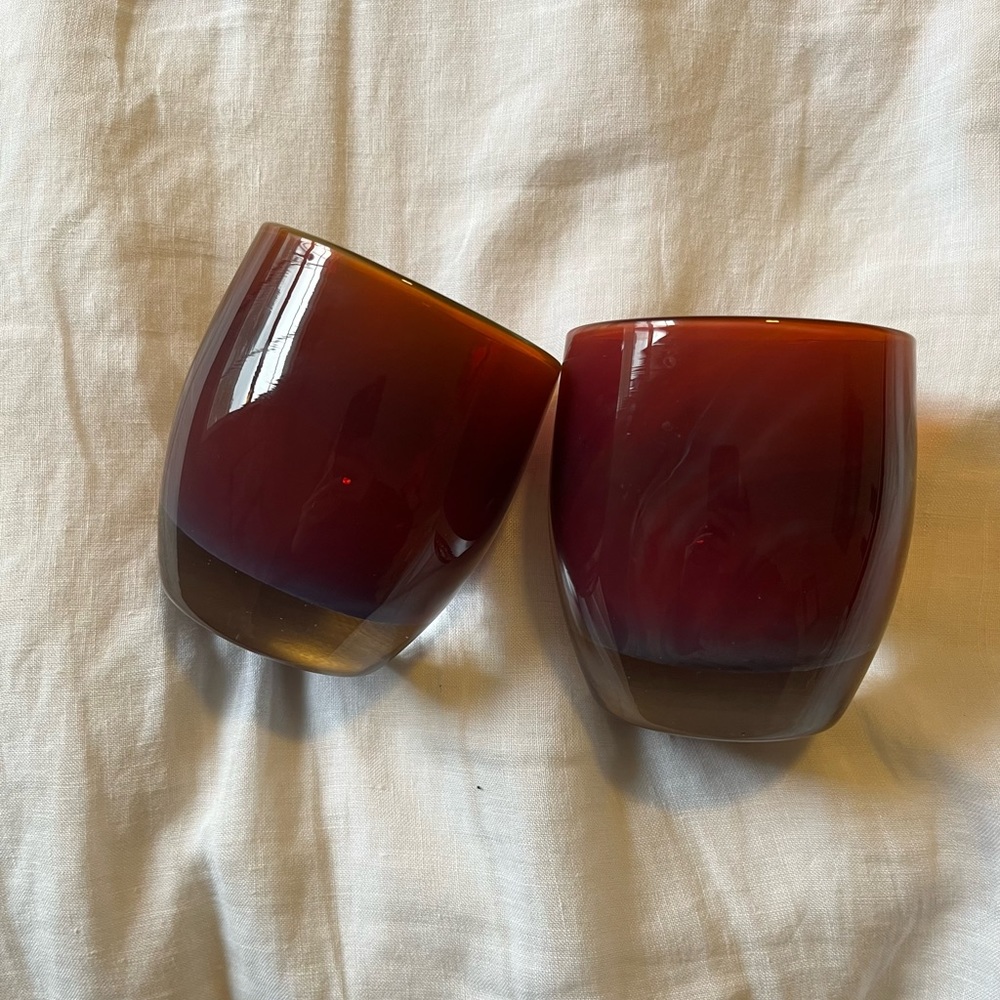 Pair of Glassybaby candle votive holders - red/purple